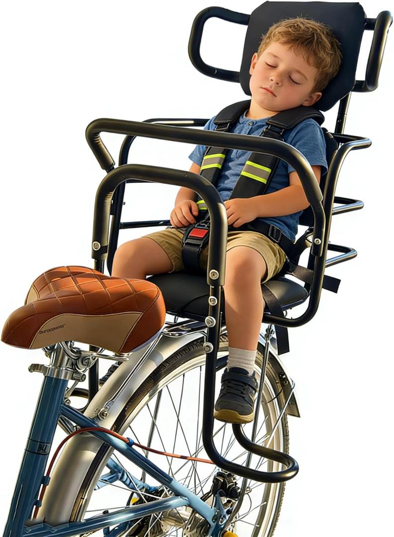 Kid's Bike Seat Rear with Adjustable Headrest, Rear Child Bike Seat with Foot Pedals Back Rest Handrail.Child Carrier Bike Chair for Bicycle Designed for Children Aged 18 Month to 8 Years Old