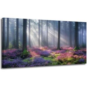 ZSHARTSWD Forest Light Wall Art for Living room Morning Sunlight Forest Pictures Trees Canvas Prints Nature Landscape Painting for Bedroom Office Decor Framed (Purple, 12L x 24W)
