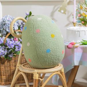 Ashler Easter Pillows, Egg Shaped Throw Pillow, Green Spring Easter Decoration, Teddy Sherpa Egg Pillow with Colorful Polka Dots Embroidery, Easter Eggs Decor for Bedroom, Living Room, Couch, 14x11 in