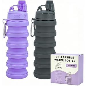 Collapsible Water Bottles Travel water bottle Sports Portable Sport Water Bottle Reusable Water Bottles comes with mountaineering Buckle 500ml silicone Water-proof camping water bottle (Purple+Grey)