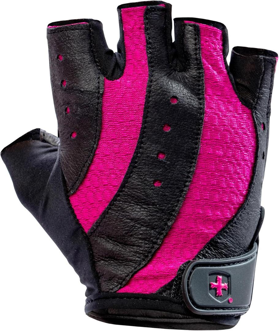 Harbinger Women's Pro Gloves with Vented Cushioned Leather Palm for Weightlifting, Training, Fitness, and Gym Workouts (Medium, Black/Pink)