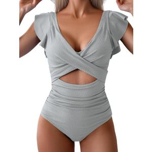 B2prity Women's One Piece Swimsuit Ruffle Cutout Bathing Suits Slimming Tummy Control V Neck Wrap Swimwear (Medium, Gray Blue Ribbed)