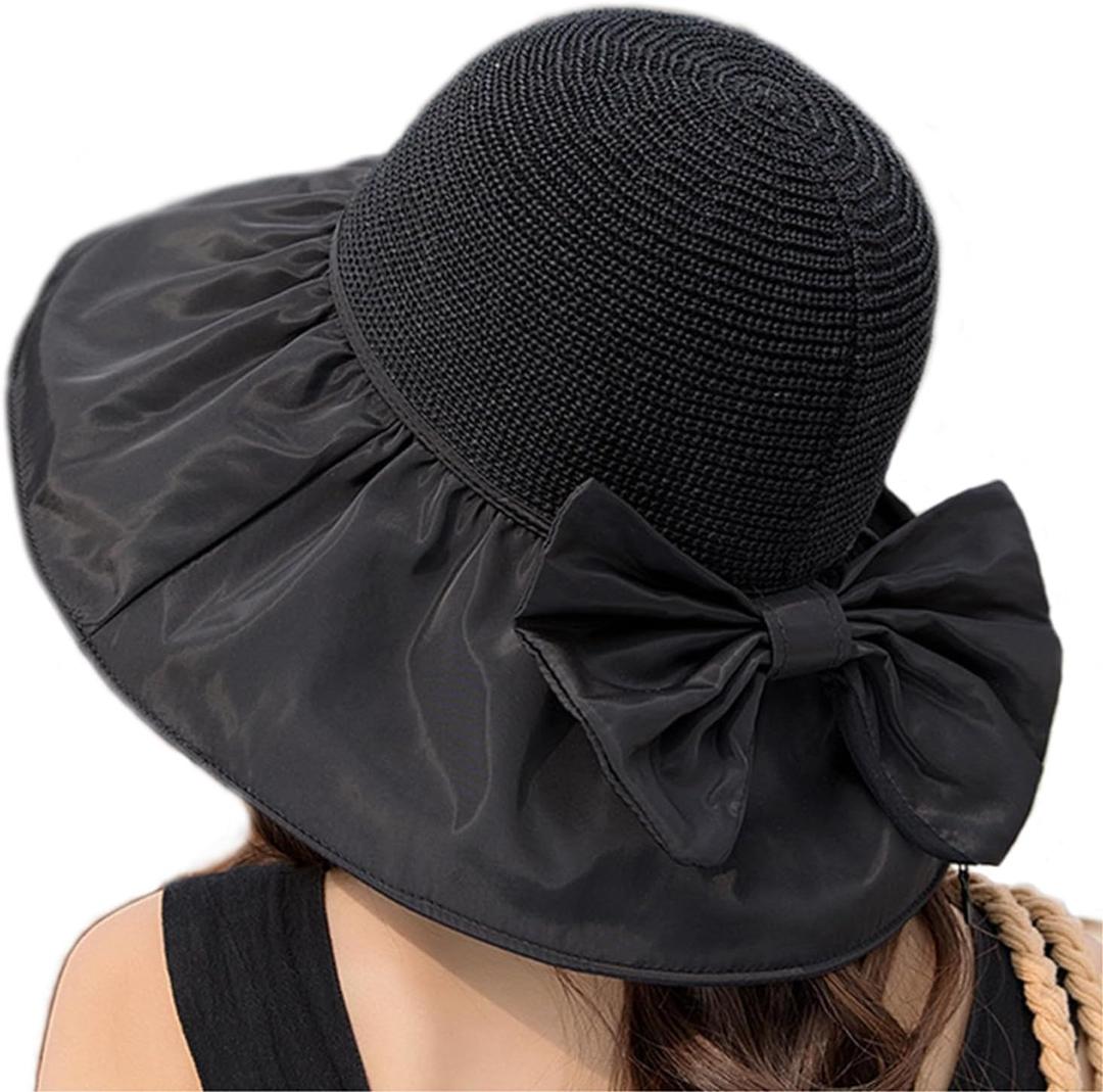 Womens Beach Sun Hat UPF 80+ Summer Outdoor Protection Foldable Wide Brim Bucket Hat Decorative Bow (Black)