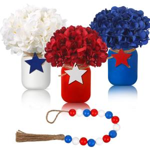Karenhi 13 Pcs 4th of July Mason Jar Table Decor, Patriotic Centerpieces for Tables with Artificial Flowers and Garland, Independence Day Centerpiece for Home Dining Kitchen Indoor Decor