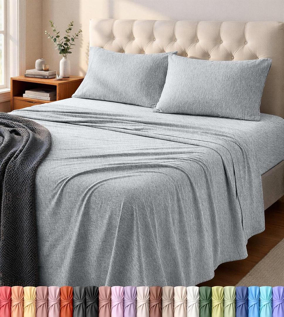 Utopia Bedding Queen Sheet Set - Jersey Knit Sheets 4 Piece – Cotton – Soft T-Shirt Stretchy Sheets (Heather Light Grey)
