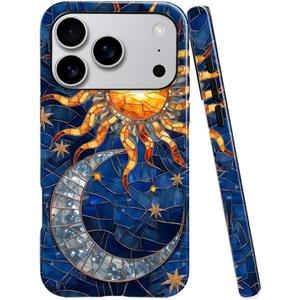 Case for iPhone 17 Pro,Fits Glossy Case Design for Girl Women,Celestial Stained Glass Sun Moon Star Blue