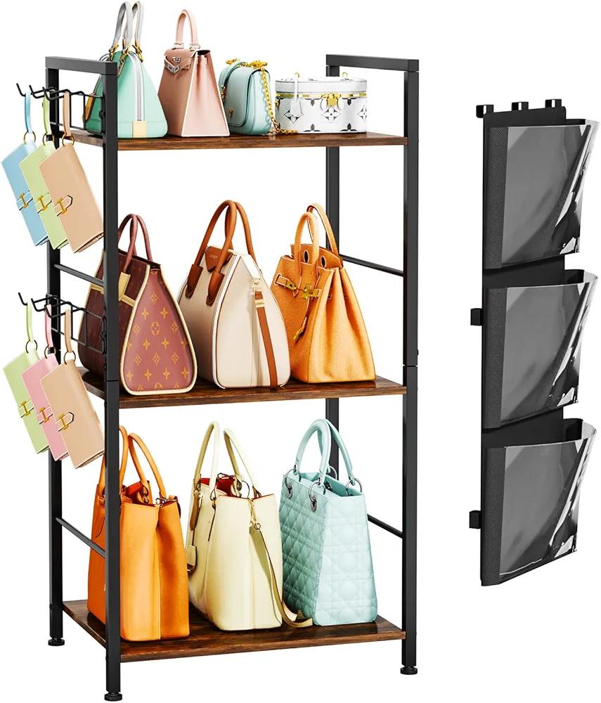 HapiRm Purse Organizer Storage Rack - Floor-Standing 3 Tier Purse Holder with Side Hooks and Transparent Pockets for Handbag Storage, High-Capacity Bag Organizer for Closet, Home, Living Room