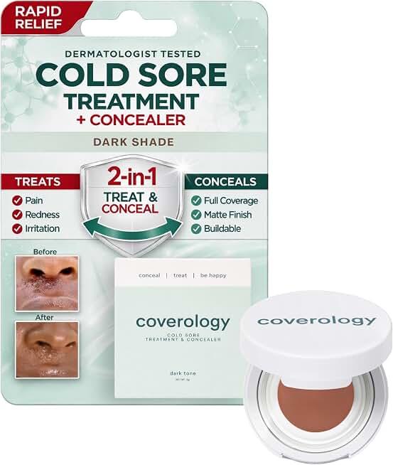 Coverology Cold Sore Treatment & Cold Sore Concealer - The Best Full Coverage Cold Sore Cover Up Makeup to Help Disguise and Soothe - Dark