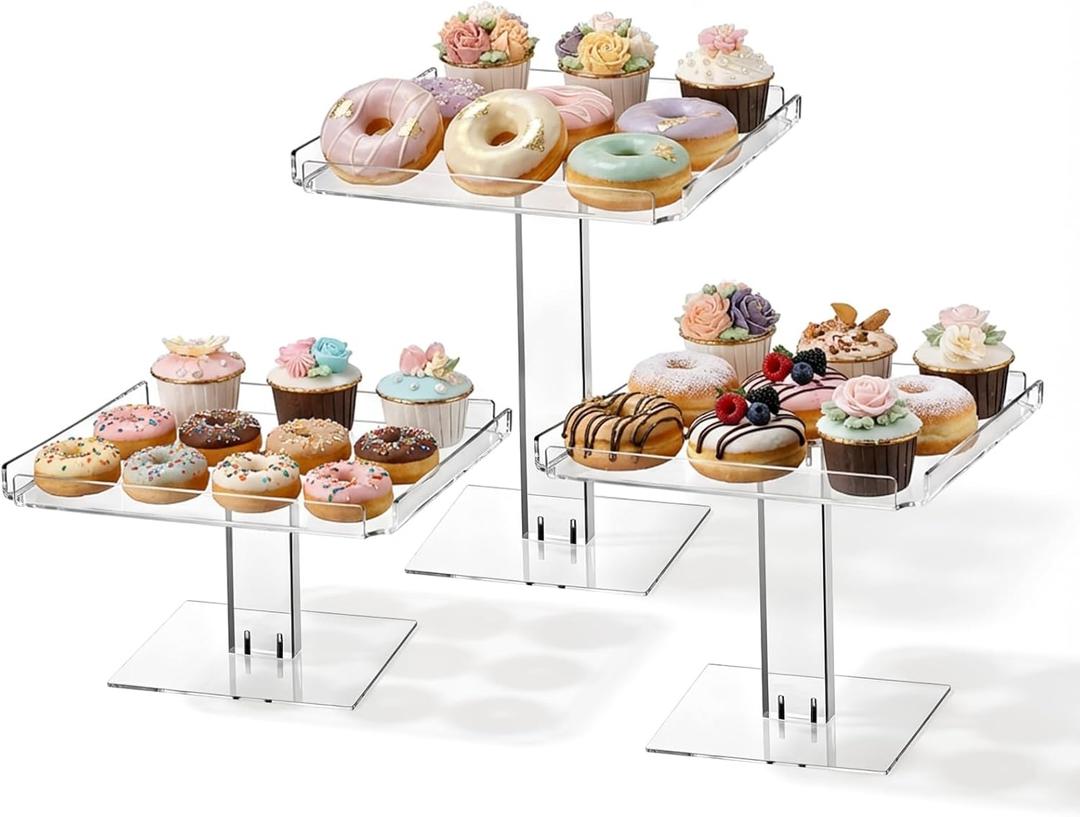 3 Tiered Serving Tray Set for Entertaining, 9" Square Acrylic Cupcake Buffet Dessert Risers Stands, Clear Cupcake Stand, Dessert Table Display Set for Wedding Birthday Party