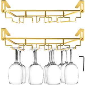 AUHOKY Adjustable Wine Glass Holder Under Shelf, Nail Free Metal Stemware Holder Storage Hanger, Hanging Wine Glasses Rack Organizer Under Cabinet Mount for Bar Kitchen (4 Rows, Gold)