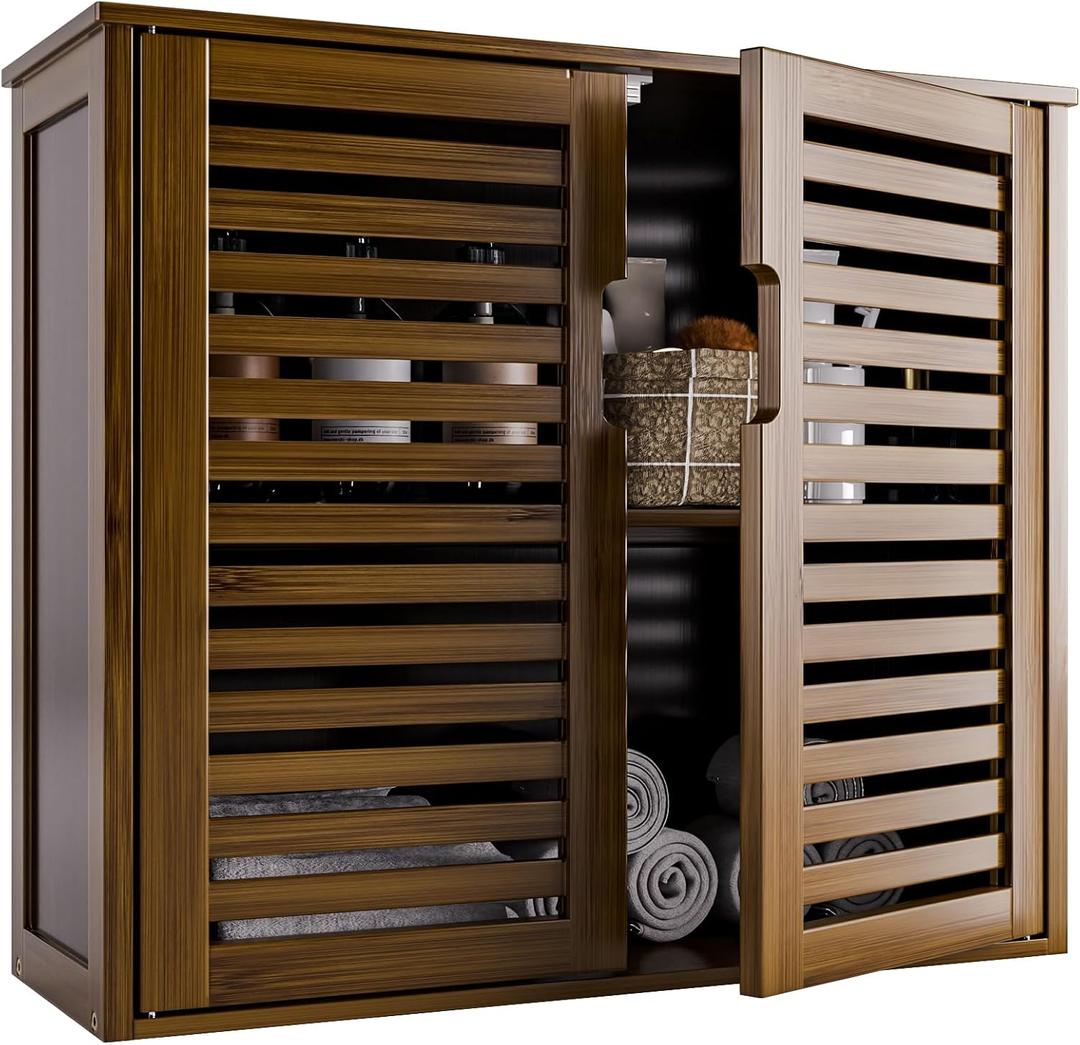 HITNET Medicine Cabinet, Bathroom Storage Cabinet Wall Mounted, Over the Toilet Space Saver Organizer with Doors and Bamboo Shelves, Walnut, 23.03"W x 8.07"D x 20.28"H