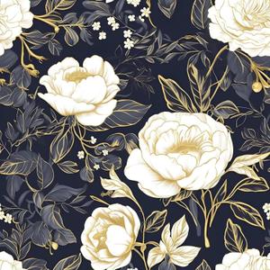 Vintage White Gold Floral Wallpaper Peel and Stick Dark Blue Leaf Contact Paper 17.5" x 393.7" Vinyl Waterproof Self Adhesive Boho Botanical Wall Mural for Cabinet Drawer Walls Room (Navy,White,Gold)