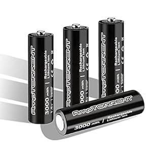 AmpTORRENT AA Rechargeable Lithium Batteries, 3000mWh AA Lithium Rechargeable Batteries, Rechargeable Lithium AA Batteries, 2 Hour Fast Charging, 1.5V Constant Output,1600 Cycles (Without Charger)