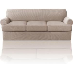 PrinceDeco T Cushion Sofa Slipcover 4 Pieces Sofa Covers for T Cushion Couch Soft Sofa Slip Covers Furniture Protector with 3 Individual T Shape Seat Covers Width Up to 88 Inch, Sand