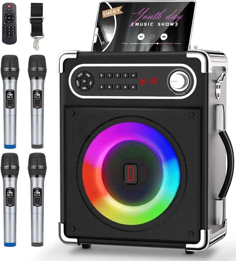 Karaoke Machine with 4 Wireless Microphones, Portable Bluetooth 5.1 Speaker for Adults Kids with LED Lights, Bass/Treble Adjustment, PA System with Remote Control, Supports FM/AUX/USB/TF for Party (4 Mics-Large)