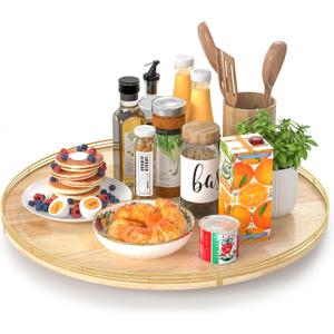 24 Inch Extra Large Lazy Susan Turntable - Premium Solid Oak Wood & Iron | Rustic Farmhouse Rotating Tray for Dining Table, Kitchen Countertop, Centerpiece Decor | Smooth 360 Spin | Durable & Stylish
