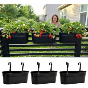 LaLaGreen Rail Planter (17 Inch, 3 Pack) Black Fence Garden Decorations Style Railing Flower Boxes Patio Decor Apartment Balcony Outdoor Hanging Metal Plants Planters Pots Holder Hooks