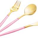 Lullaby 90PCS Gold Plastic Silverware, Gold Disposable Cutlery with Pink Handle Include 30 Forks, 30 Spoons, 30 Knives, Elegant Disposable Silverware for Wedding, Party and Mother's Day