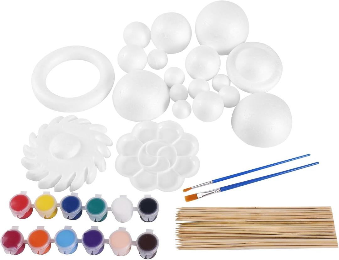 FFchuanhe 72 Pcs Solar System Model Foam Balls Kit Includes Mixed Sizes Craft Foam Bamboo Sticks Color Pigments Paint Tray Palettes Picture Plate Painting Brushes for School Science Projects