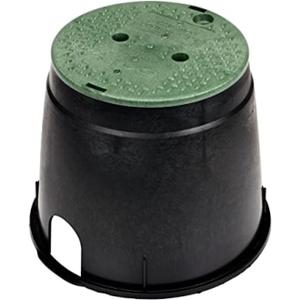NDS 111BC 10 in. Round Standard Series Valve Box and Cover, 10 in. Height, Irrigation Control Valve Lettering, Black Box, Green Overlapping Cover, Black/Green