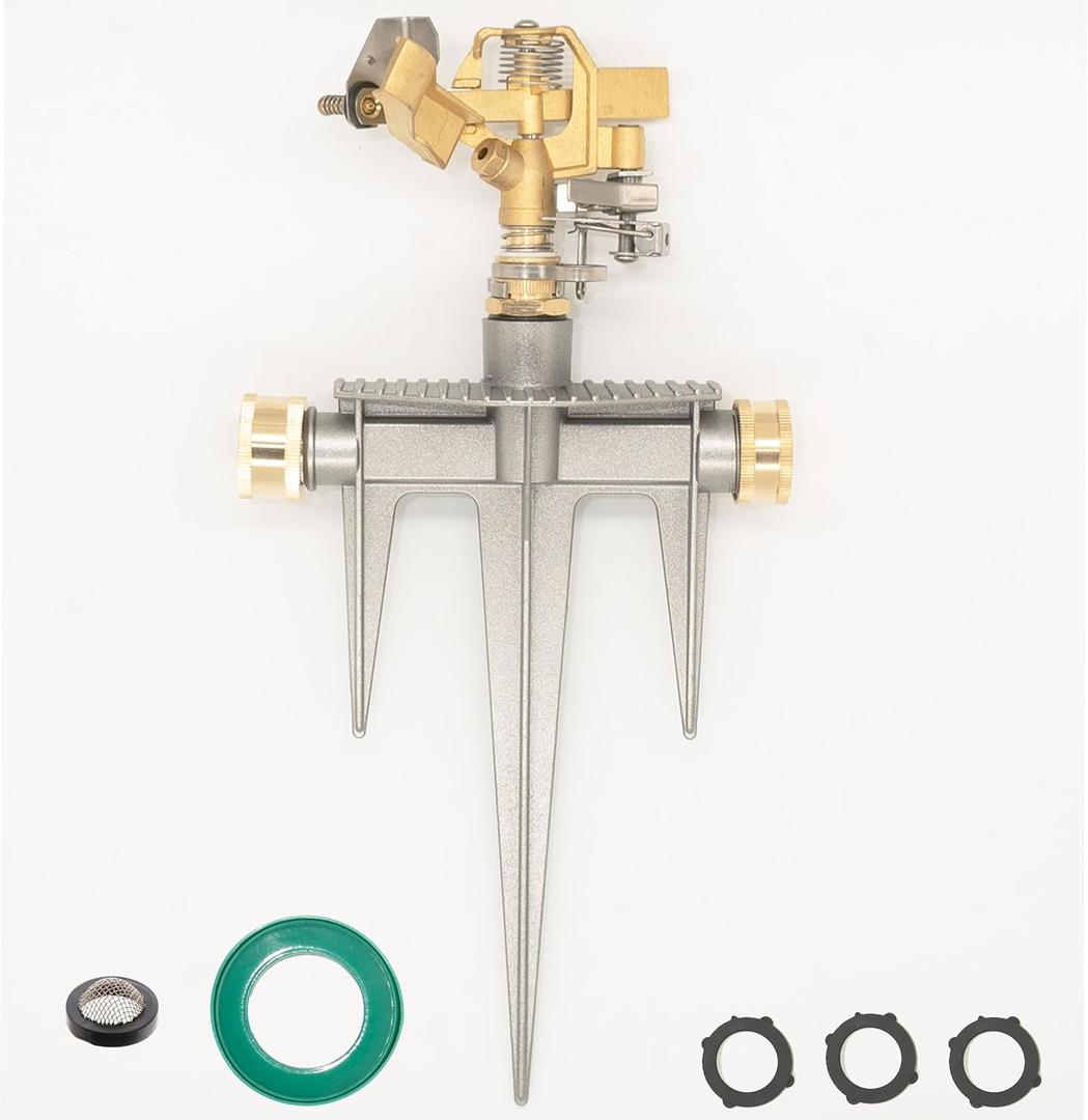 Professional Brass Head Sprinkler with Aluminum Trident Ground Stake + 3 Gaskets, Screen Filter and Thread Seal Tape - Up to 85 Foot Spray Radius (Depending on Water Pressure)
