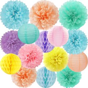 Pastel Paper Flowers Tissue Pom Poms Honeycomb Lanterns 15pcs Party Decorations for Rainbow Colorful Macaron Ice Cream Birthday Baby Shower Easter Carnival Wedding Hanging Supplies Mprocherify