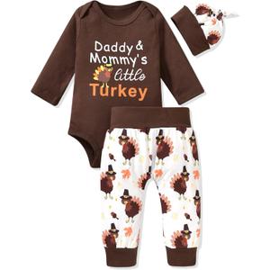 Aalizzwell Preemie Newborn Infant Baby Boys Clothes Bodysuit Romper Pants Hats Outfit Fall Winter Set (0-3 Months, Thanksgiving Brown)