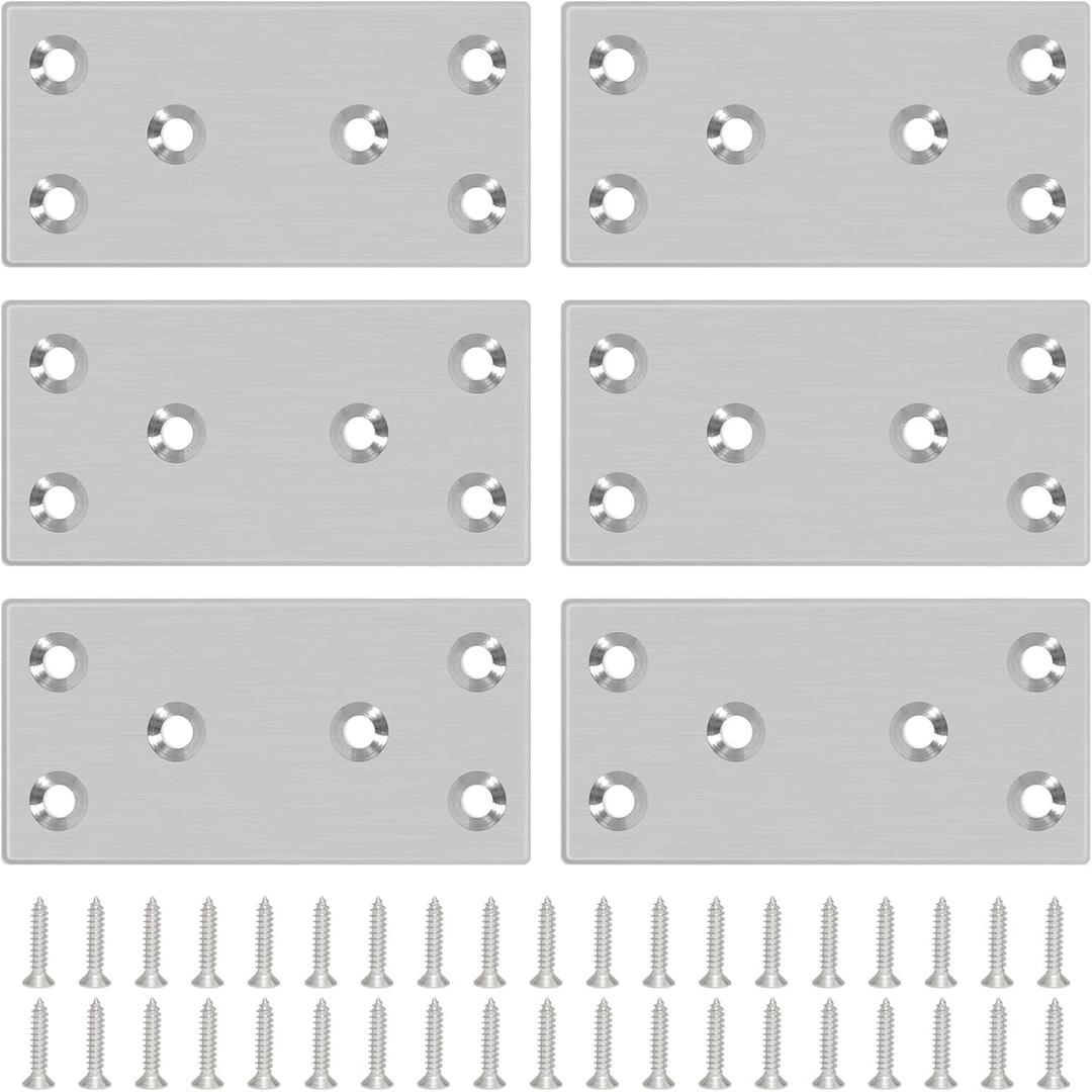 2 x 6PCS 3.11'' x 1.57'' Mending Plates, Flat Metal Bracket with Holes, Stainless Steel Connector for Wood Desk Chair Cabinet Drawer Closet Frame Furniture with 36PCS Screws