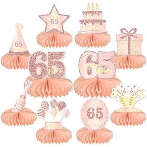 10PCS 65th Birthday Decorations Centerpieces for Table Decorations,Rose Gold Pink Happy 65th Birthday Honeycomb Table Topper Birthday Party Decoration for Women (Rose Gold & Pink, 65 Years) Pack of 2