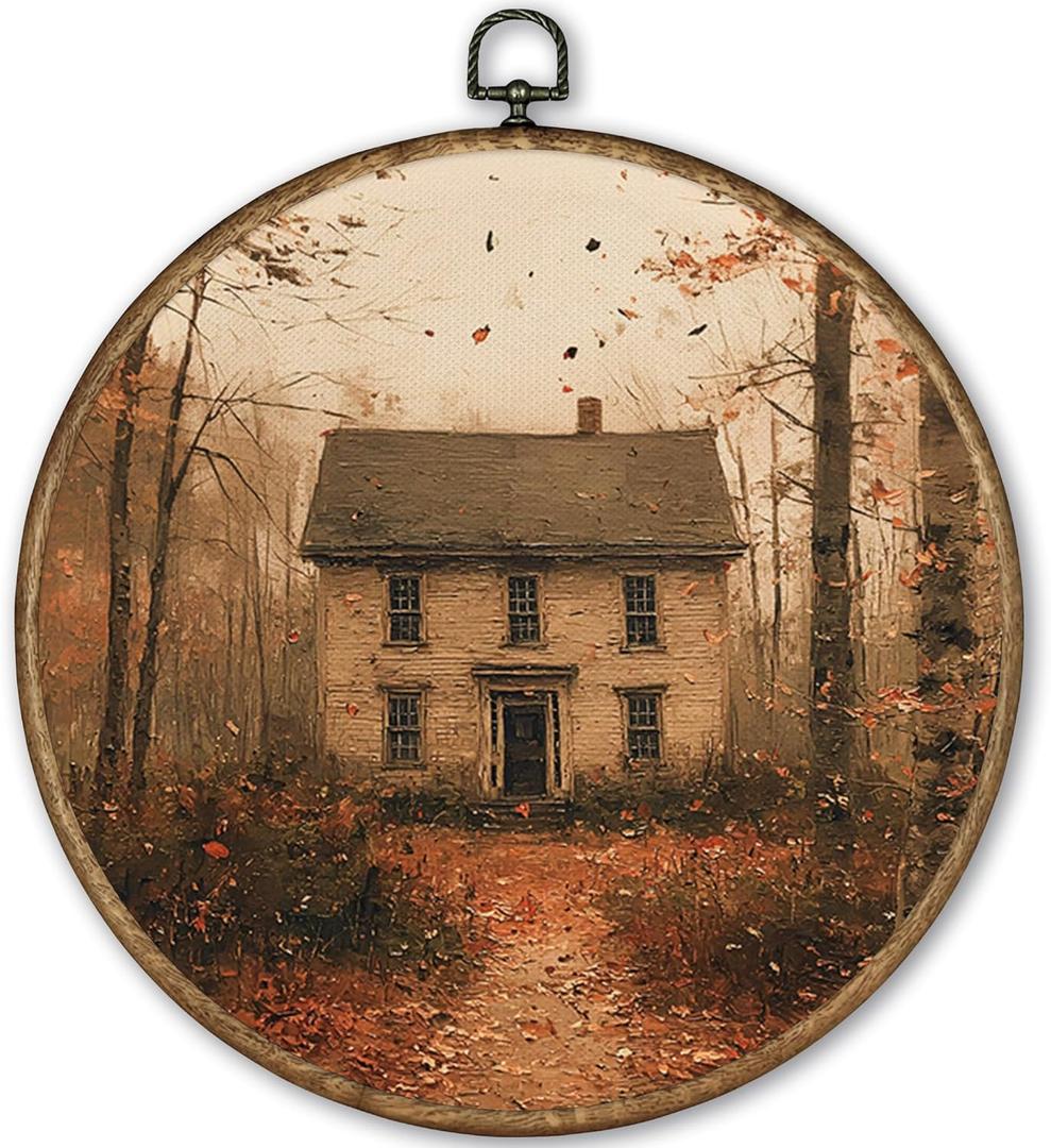 TLESKE Vintage Fall Farmhouse Cottage Round Wall Art Decor Framed 10x10, Dark Cottagecore Autumn Canvas Wall Art Prints Artwork, Country Forest Wall Hanging Room Door Decor for Bedroom Kitchen