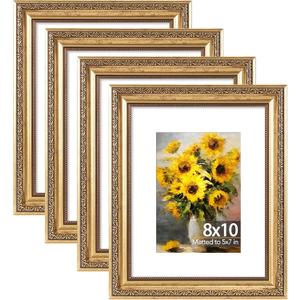 JCJMY 8x10 Vintage Picture Frame with 5x7 Mat Set of 4, Elegant Retro 8 by 10 Photo Frame with Shatter-Resistant Plexiglass for Wall or Tabletop Display, Gallery Decor & Gift, Gold, 4 Pack