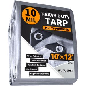 10'x12' Heavy Duty Tarp, 10Mil Silver Waterproof Tarps with Grommets, UV Resistant, Poly Tarpaulin with Reinforced Edges, Cover for Car, Roof, Camping