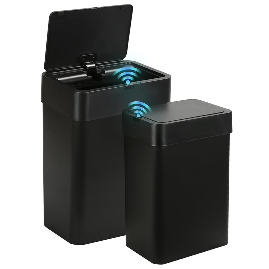 2 Pack Bathroom Trash Can with Lid - 2.5 Gal and 4 Gal Motion Sensor Garbage Bin, Smart Rubbish Bin, Waterproof Slim Dustbin, Automatic Plastic Trash Can for Bathroom, Office, Black