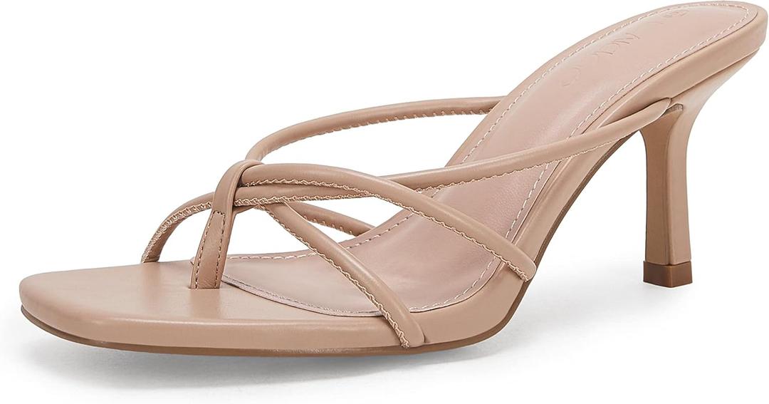 LAICIGO Womens Square Open Toe Flip Flops Stiletto Heels Strappy Thong Slide on Slingback Mules Sandals (7.5, Khaki)