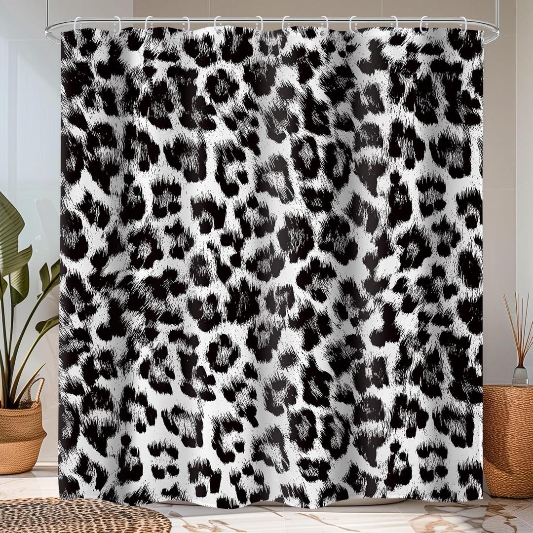 LIGHTINHOME Black and White Leopard Print Shower Curtain 60Wx72H Inches Wildlife Powerful Cheetah Panthera Fur Wild Safari Skin Pattern Fabric Waterproof Polyester Bathroom Home Decor Set with Hooks