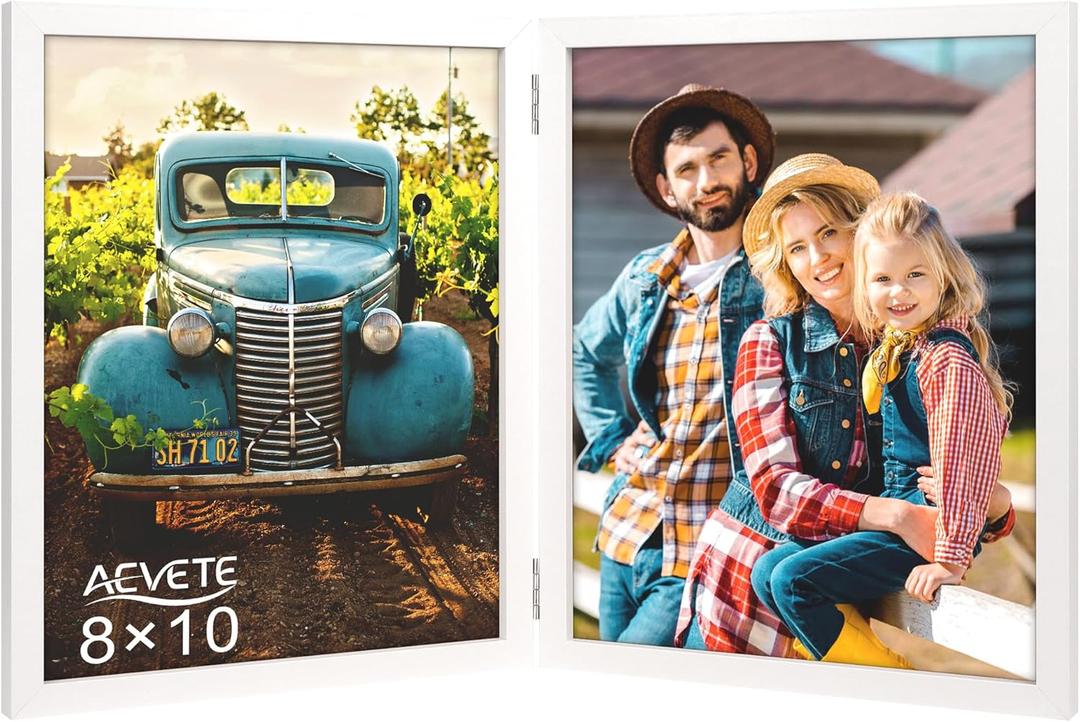 AEVETE 8x10 Picture Frames Double Hinged Wood Folding Photo Frames Vertical with Plexiglass Front, White