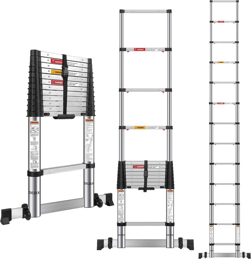DEZEX 12.5 FT Stainless Steel Telescoping Ladders - One-Button Retraction Collapsible Extension Ladder for Home, RV, Attic, Multi Position Folding Ladder with Balance Bar & Wheels, Lasts 330 LBS