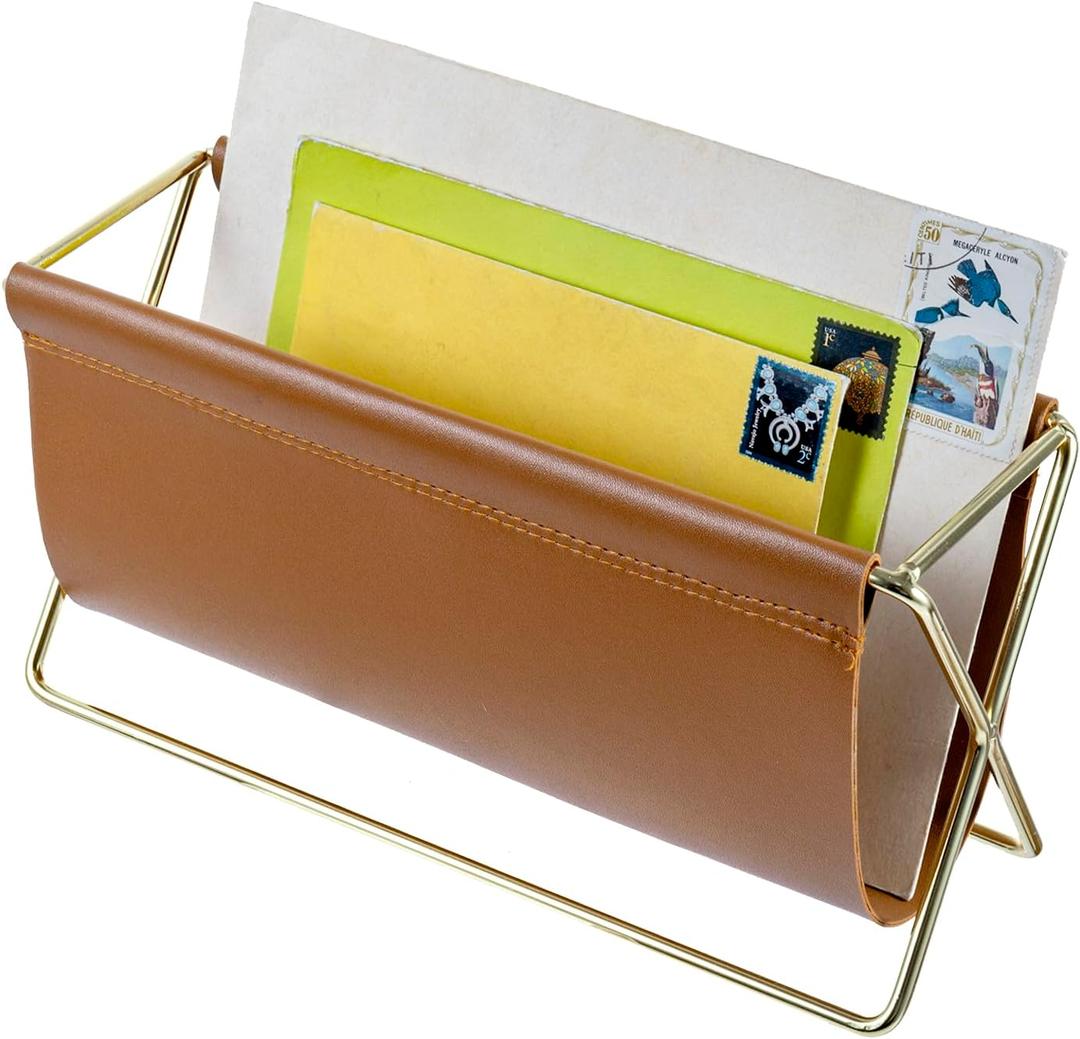 MyGift 10 Inch Mid Century Caramel Leatherette Mail Sorter Letter Holder Rack with Brass Tone Metal Frame, Faux Leather Sling Style Office Desk Card Envelope Organizer Stand