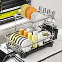 Dish Drying Rack Kitchen 2-Tier 304 Stainless Steel Dish Racks for Kitchen Counter,Dish Strainer with Adjustable Draining Tray,Drying Rack with Water Cup Hook & Cutlery Holder,Black