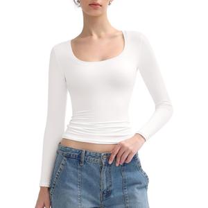 PUMIEY Long Sleeve Shirts for Women Scoop Neck Slim Fit Going Out Tops Double Lined Basic Tee, Splashed White Small