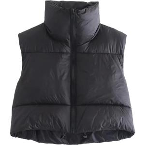 Womens Winter Cropped Puffer Vest Fashion Solid Color Zip Waistcoat Sleeveless Warm Outerwear Puffer Padded Jackets, Size -L