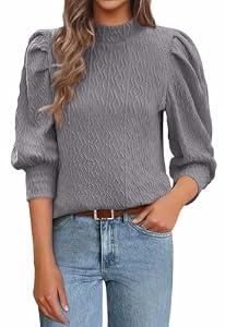 PRETTYGARDEN Womens Puff 3/ 4 Sleeve Tops 2025 Trendy Spring Summer Mock Neck Texture Knit T Shirts Work Casual Dressy Blouses (Grey, S)