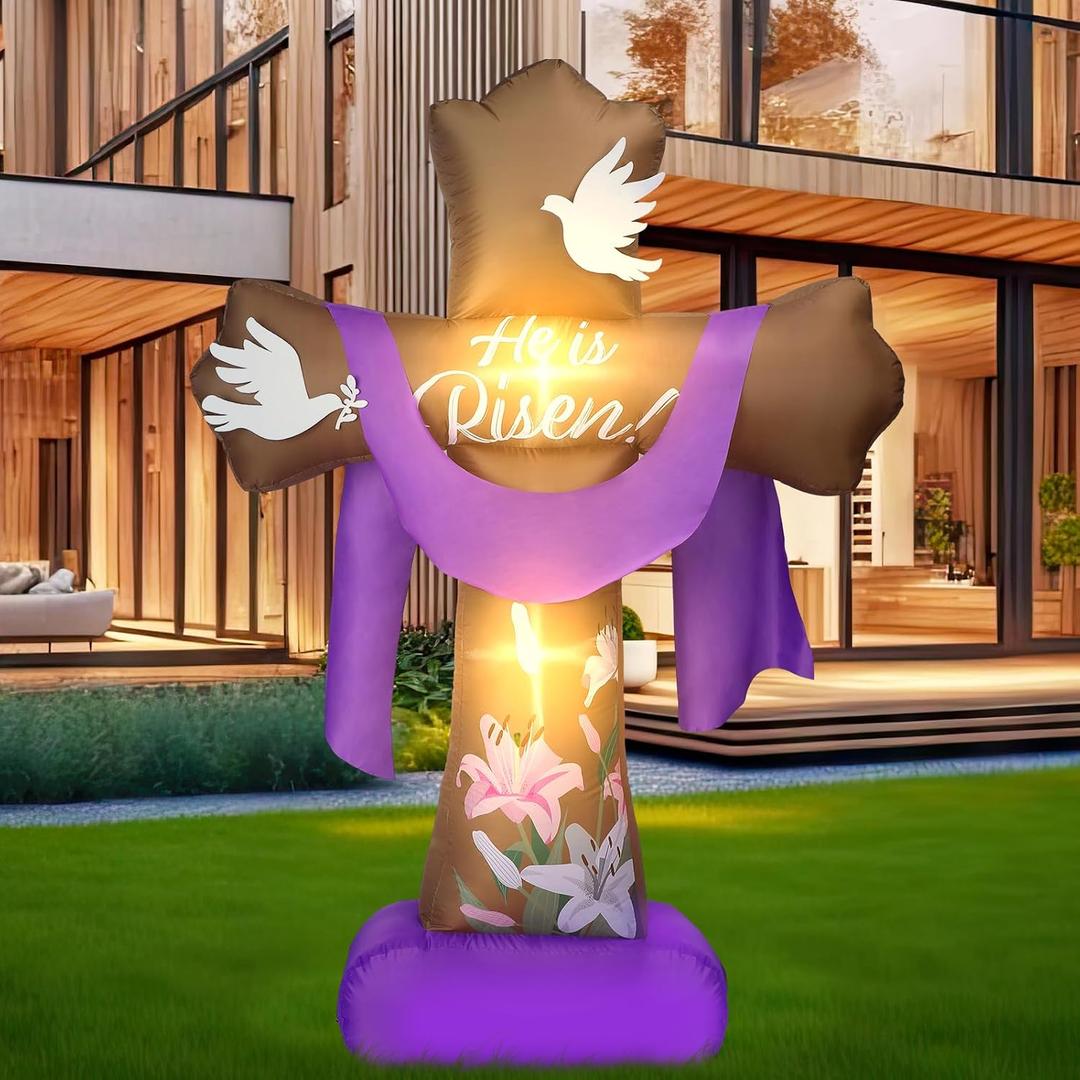 6 ft Easter Inflatable Outdoor Yard Decoration Blow up Inflatable He is Risen Cross Set with Built-in LED Lights Decor for Easter Spring Party Lawn Supplies