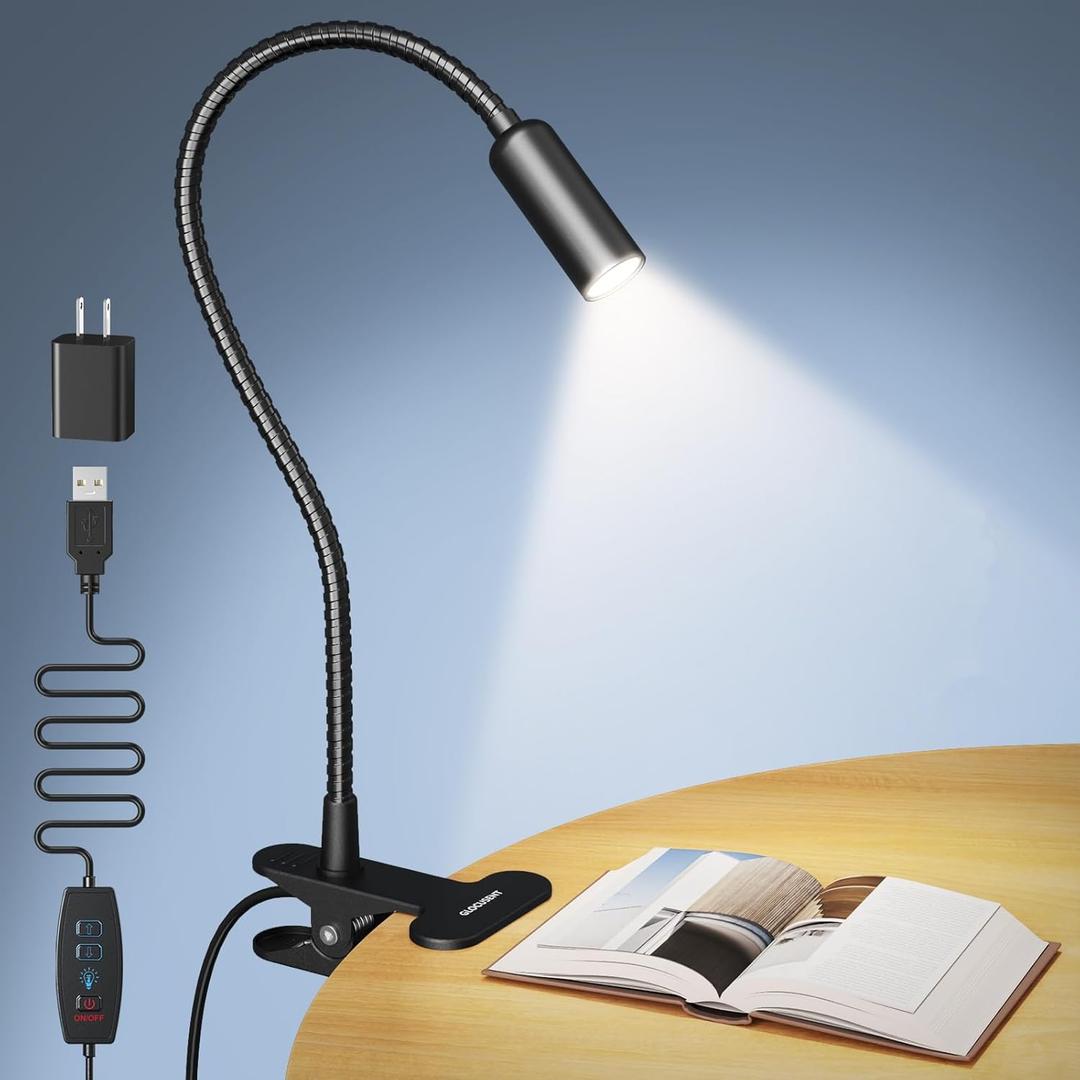 Glocusent Clip on Light: 10 Brightness Levels from 20 to 180LM LED Reading Light with Clamp and Flexible Gooseneck - Eye Caring Book Lights for Reading at Night, Clip on Desk Bed Headboard (Black)