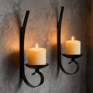 Set of 2 Black Wrought Iron Wall Mount Candle Sconces - Farmhouse Style Hanging Candle Holders for Living Room, Bathroom, Dining Room, and Window Decor (2, Black-B Style)