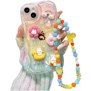 Designed for iPhone Case,Cute Rainbow Rabbit Duck Kawaii Cartoon Animal Wristband Strap Bracelet Chain Soft Shockproof Cover Phone Case (Pink,iPhone 16 Plus)