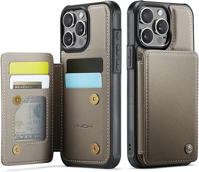 Compatible with iPhone 15 Pro Max Wallet Case with Card Holder RFID Blocking for Women Men, Double Magnetic Clasp Kickstand Shockproof Phone Case Fit for iPhone 15 Pro Max, Gray