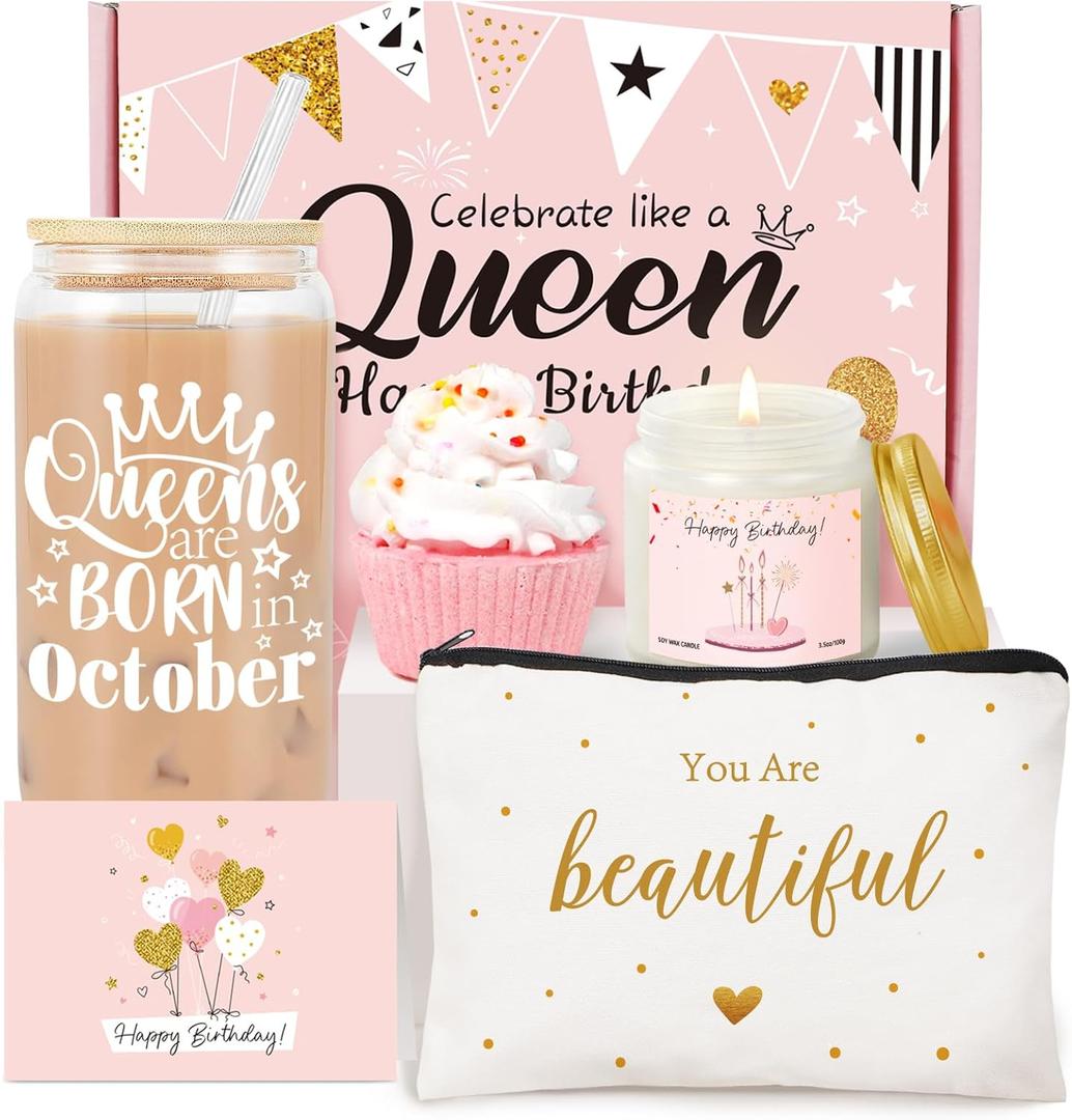 Birthday Gift Basket for Women, Funny Happy Birthday Glass Cup Tumbler for her, Girlfriend, Friends, Wife, Mom, Bestie, Daughter, Sister, Women Queens Unique Gifts Ideas for Box (October)