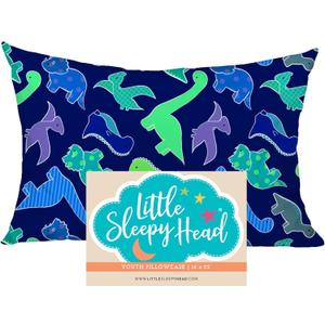 Little Sleepy Head Youth Pillow Case - 100% Made Cotton & Hypoallergenic Pillow Case - Snug Fit Envelope Pillowcase Enclosure - Youth Pillow 16x22 Size - (Dinosaurs Blue) Design Travel Pillow Cover