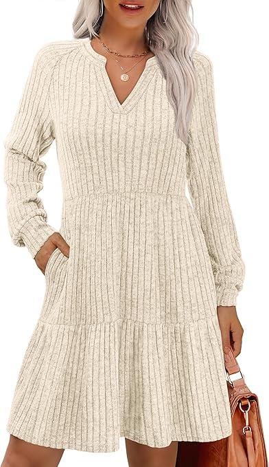 IWD Womens V Neck Long Sleeve Dress with Pockets Casual A-Line Knee Length Fall Knit Sweater Dresses 2025, M